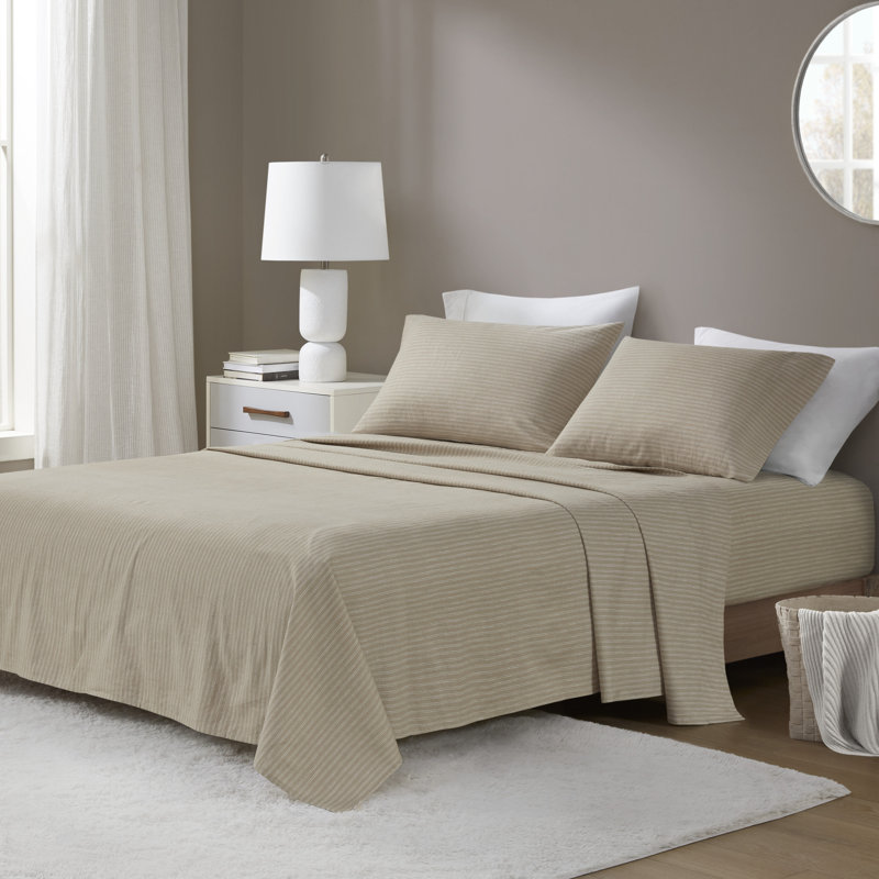 Luxurious Cal King Flannel Sheets And Sheet Sets, 100% Cotton, Beige Stripes For All Seasons