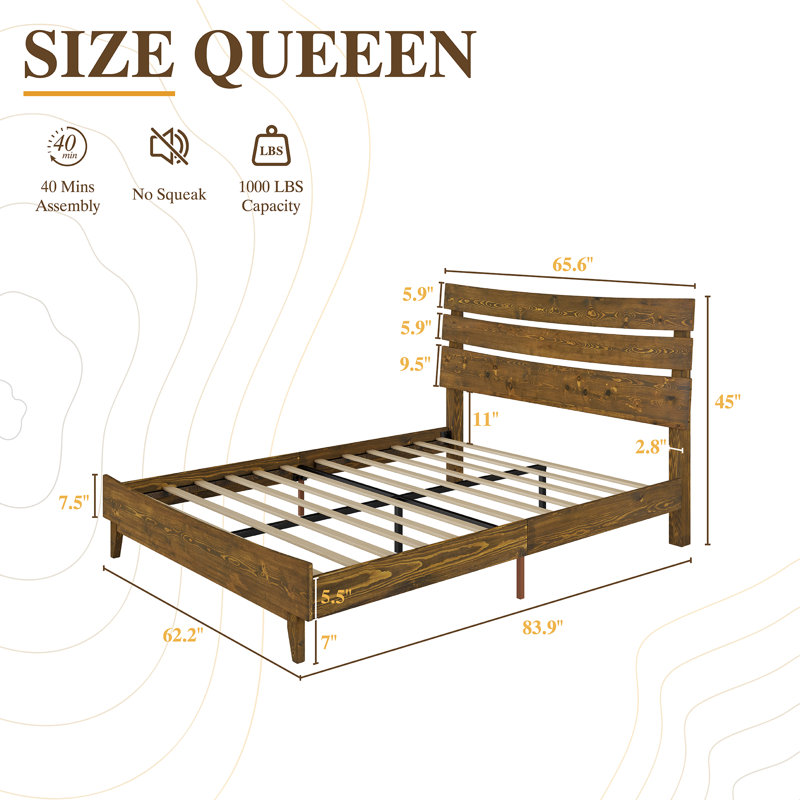 Camira Queen Size Solid Wood Slat  Bed Pine Platform,Caramel, Queen, Caramel