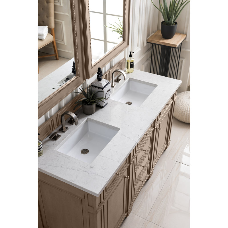 Bristol 60'' W Double Vanity, Whitewashed Walnut, Ethereal Noctis, 8" Widespread