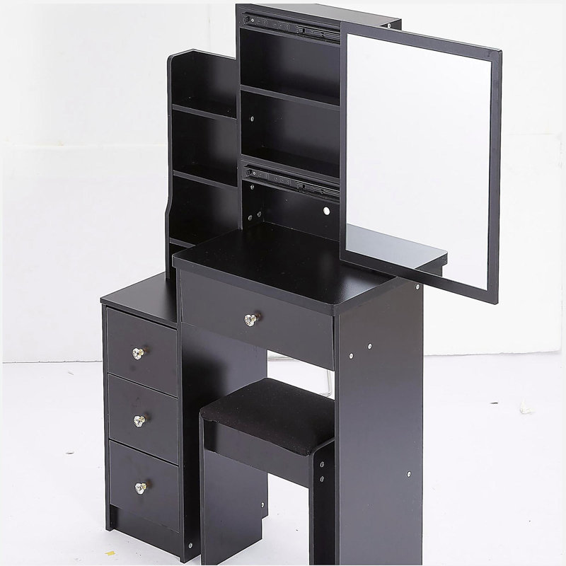 Petite coiffeuse 29,2 po avec tabouret de chevet gauche + tabouret rembourré, très grand miroir coulissant à droite, rangement multi-couches à grande capacité, commode pratique et pratique, convient aux petits espaces