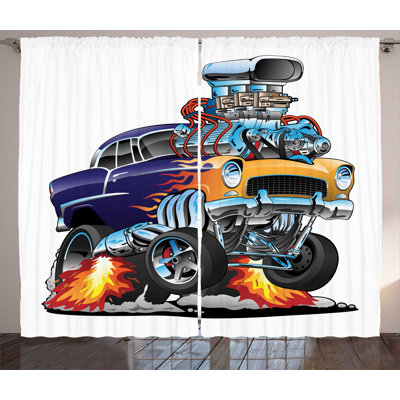 A Single Classic Hot Rod Muscle Car 2 Piece Semi-Sheer Curtain Panel Set