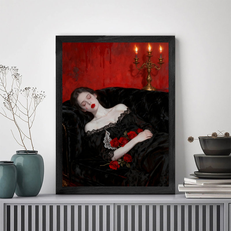 Encadré noir, robe noire rétro et agencement de couleurs rouges, impressions de style gothique foncé, H 37 po x l 25 po