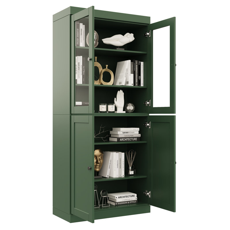 Bibliothèque 100% bois massif à 6 tablettes, portes Shaker et verre transparent, tablettes réglables, 32 po de largeur, 71,5 po de hauteur