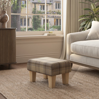 Tartan Material Large Footstools Tartan - Cream - Wood Contemporary Leg
