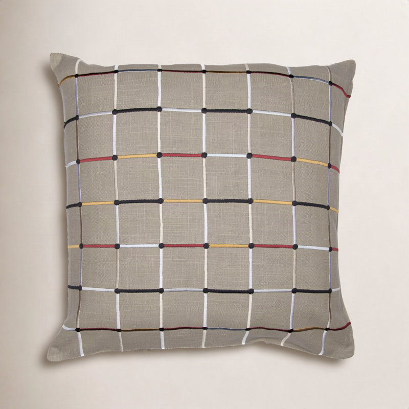 Housse de coussin carré à carreaux en mélange de coton texturé, 24 po x 24 po, Beige / rouge / jaune / bleu