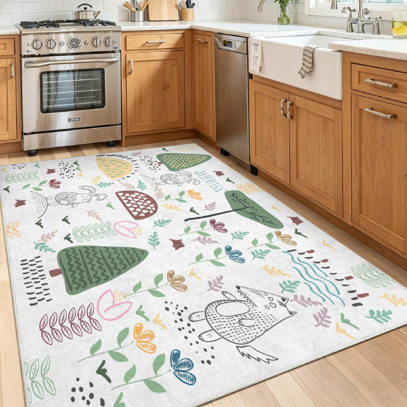 Clear Summer Forest Cute Animals Woodland Animal Art Autumn Baby Bear Machine Washable Indoor Area Rug, Rectangle 55" x 79"