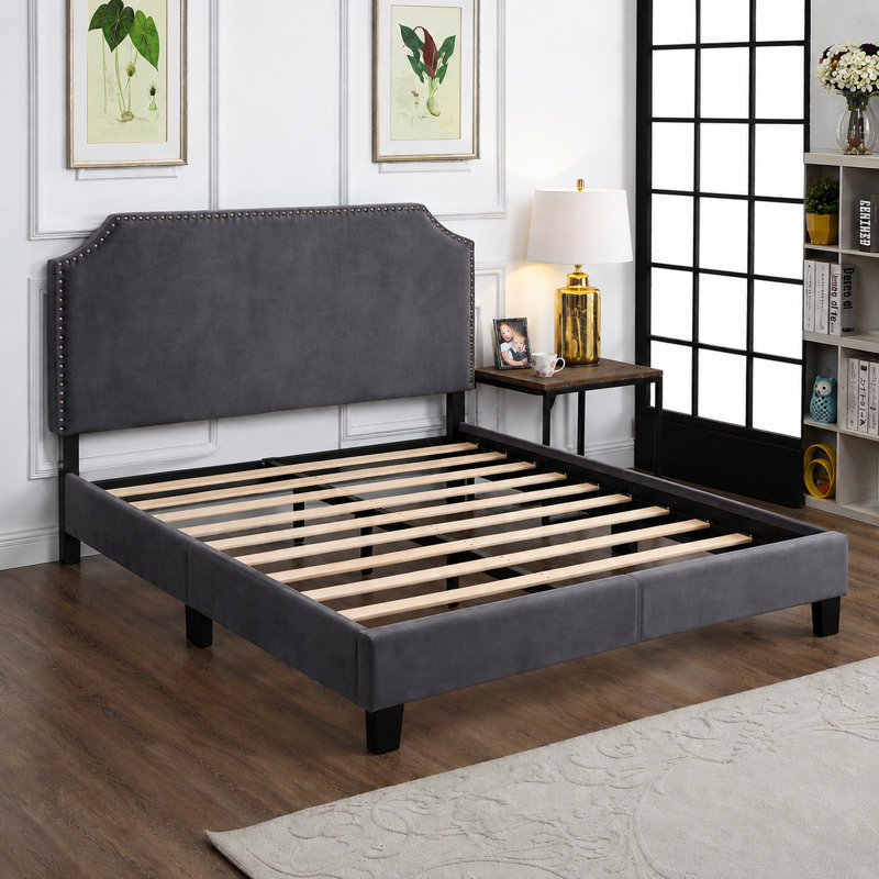 Lit double en velours luxueux avec tête de lit festonnée et garniture cloutée, cadre de lit à tête de lit réglable, anthracite