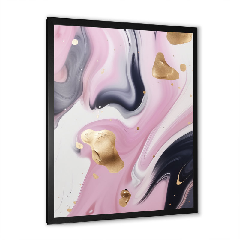 «Gold and Pink Swirl Ink V», art abstrait sur toile marbrée, H 20 po x l 12 po x P 1 po, Impression noire sur toile encadrée