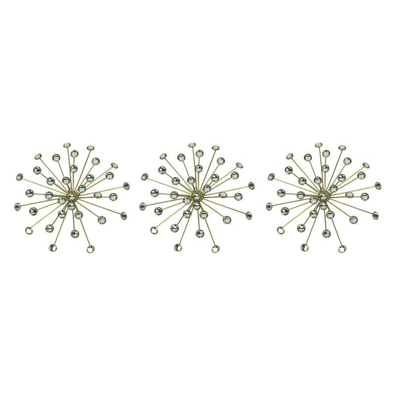 Contemporary gold finish jeweled metal starburst wall sculptures with rhinestone and crystal accents — set of 3, 10 in. dia. x 1.75 in. deep