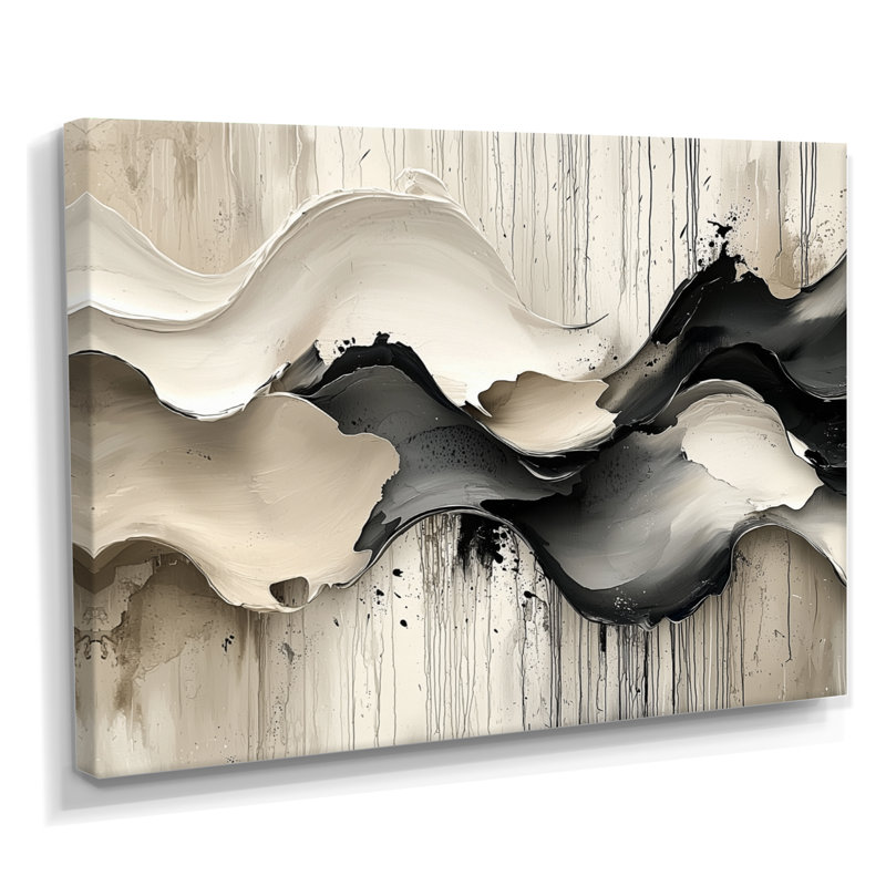 Gris sur fond blanc l'encre rythmique de la rivière Ink II - vagues modernes abstraites, H 30 po x l 40 po, Toile tendue