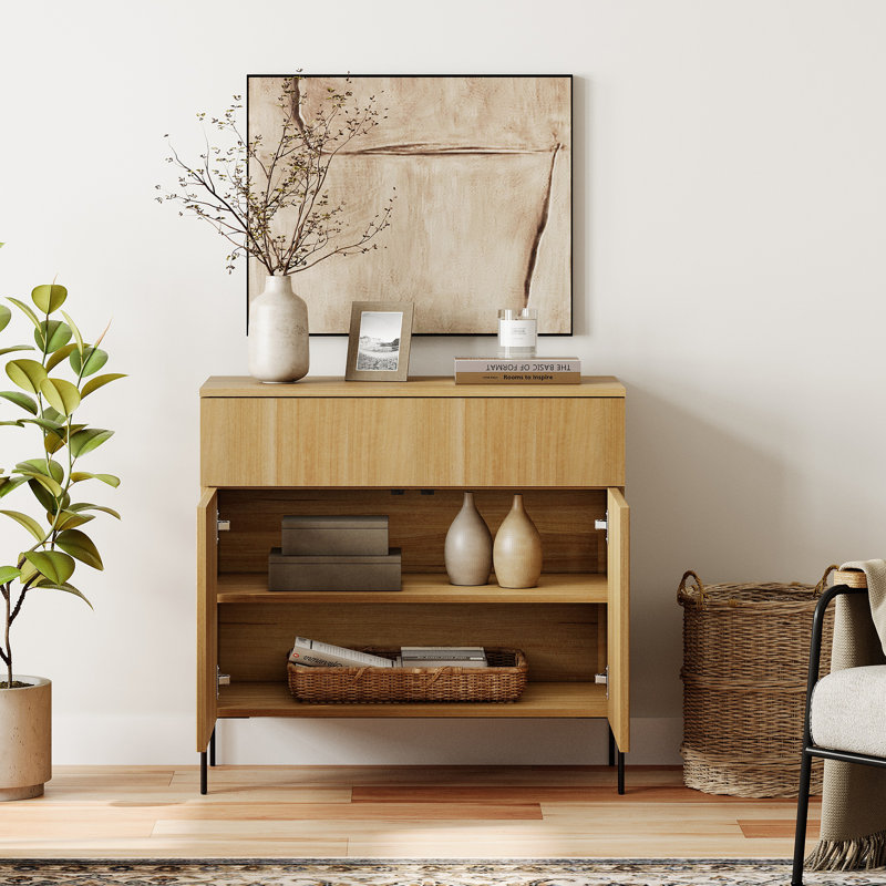 Union Rustic 31.5" Reeded End Table With Storage, Modern Minimalist Wooden Nightstand With Drawer For Bedroom, Living Room, Sofa Office