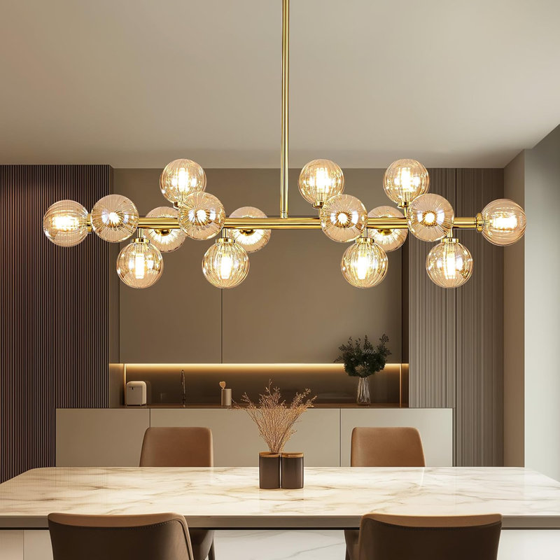 16-Light Mid Century Modern Chandelier: 40" Gold Linear Sputnik Chandeliers – Amber Glass Globe Dining Room Light Fixture – Long Modern Pendant Chandelier for Living Room Kitchen Island Table
