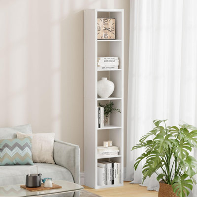Hautes bibliothèques étroites étroites à 6 tablettes en MDF, unité de rangement verticale étroite, bibliothèque d'angle pour petits espaces, chambre à coucher et bureau personnel