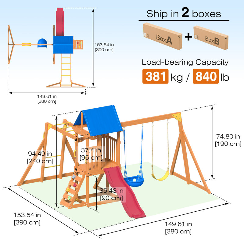 SuniBoxi Backyard Swing Set: Slide, Wall, Sandbox, Monkey Bar, Etc. Outdoor Play for 3-6-Year-Olds.