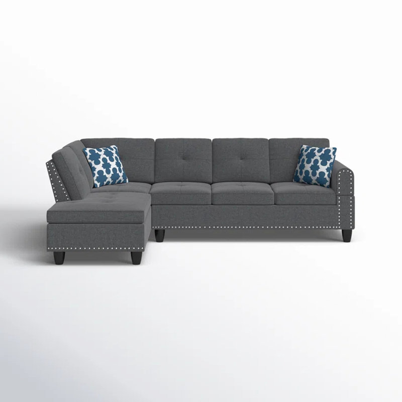 2 - Piece 98" Wide L Shaped Left Hand Facing & Chaise, Dark Gray Linen Blend, Round Arms, Pillow Backs, Nailhead Trim, Tied Spring Foam Cushions, Removable Seats Five, Two Accent Pillows Back