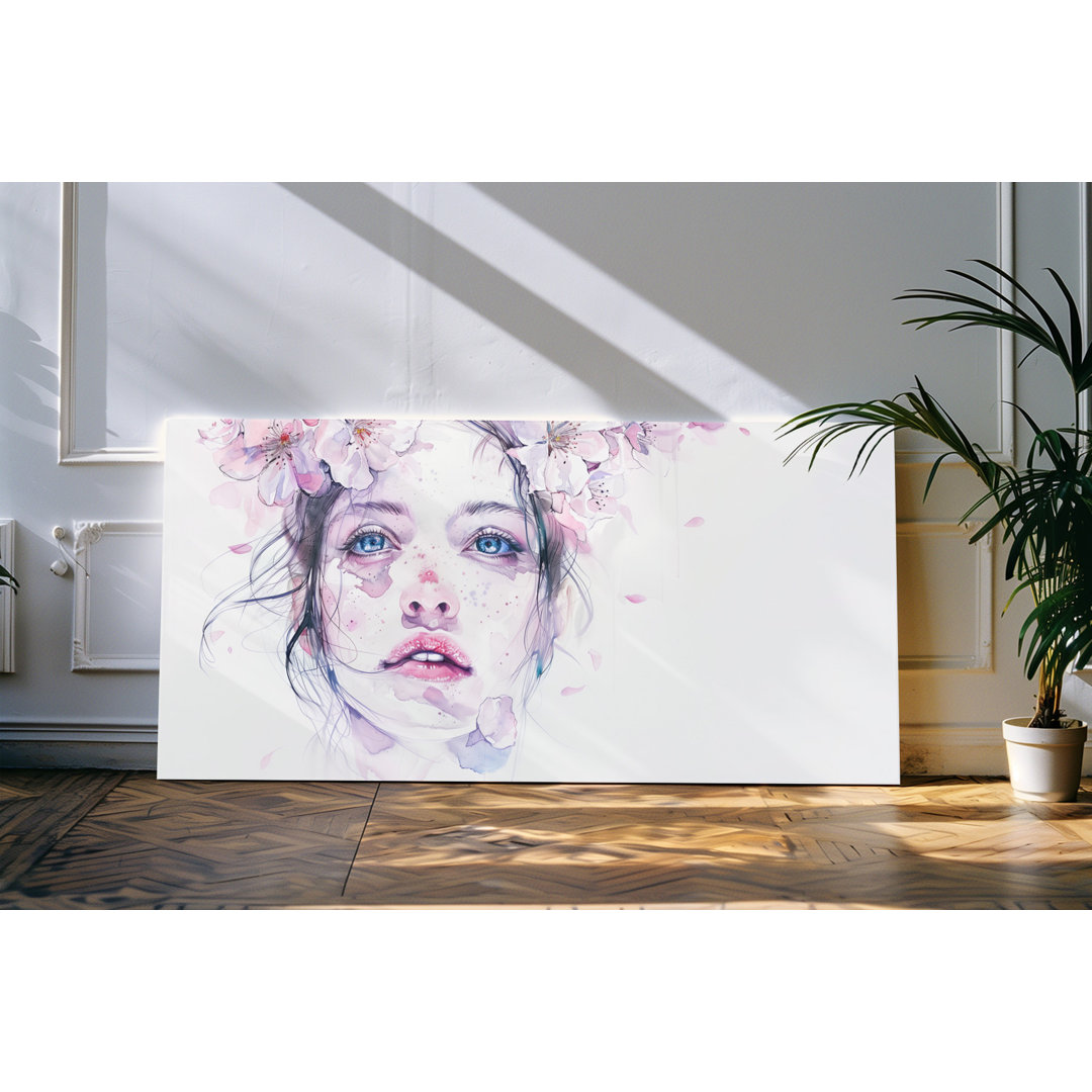 Wandbild 120x60cm Porträt einer jungen Frau Blumen Hell blaue Augen Kunstvoll