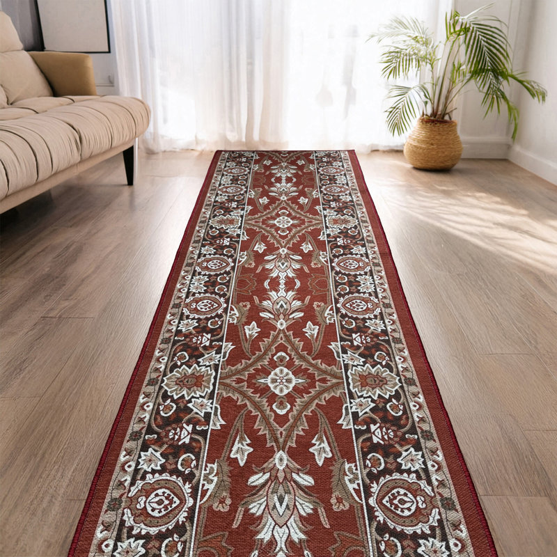 Custom Size Anti-Slip Canvas Back Distressed Oriental Mahal Red Low Profile (Thin) Runner Rugs by Feet, Runner 3' x 22'