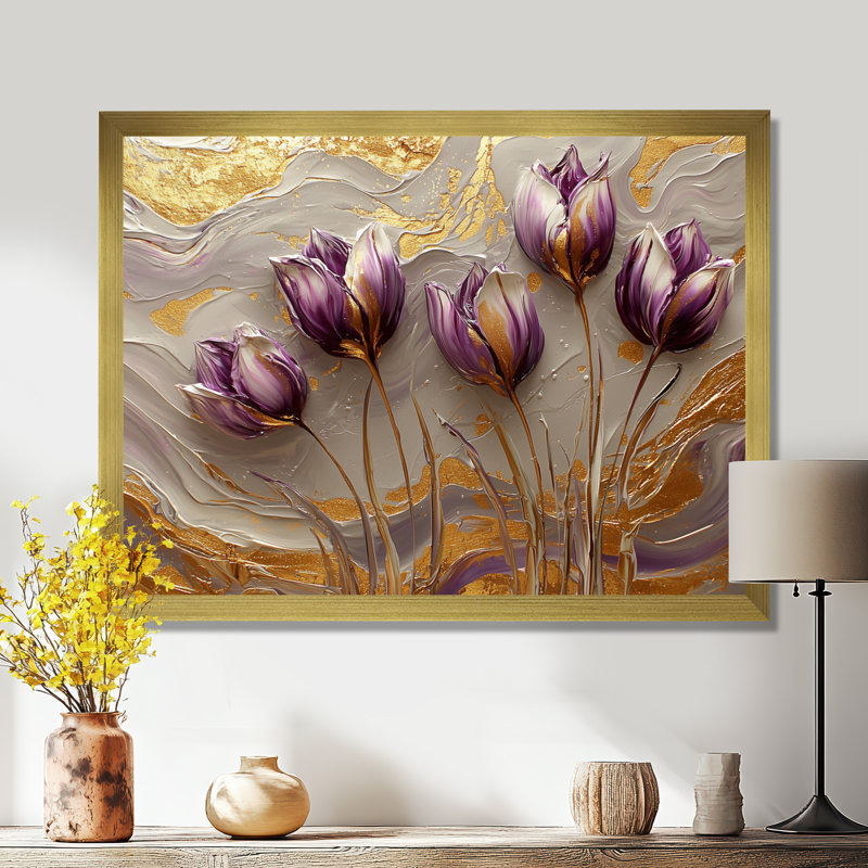 Art mural mural de tulipes jacobiennes marbrées sur une rivière crème II, H 30 po x l 40 po, Avec cadre, Doré
