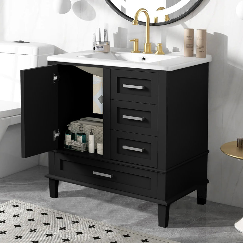 Meuble-lavabo simple 30 po avec comptoir en céramique, Noir