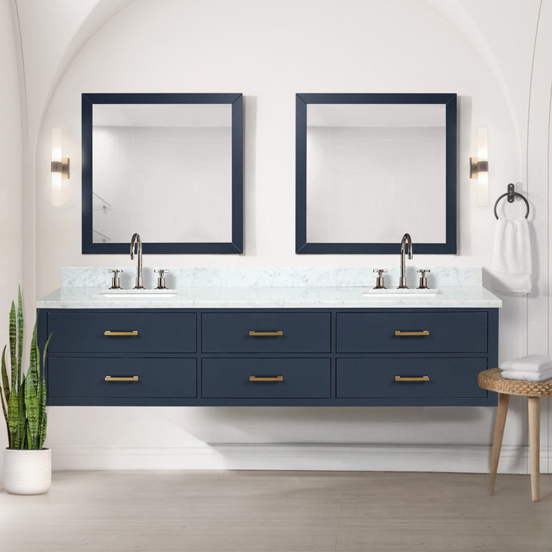Meuble-lavabo double bleu 84 po X P 22 po D, dessus en marbre de Carrare, ensemble de robinet et Miroirs, Bleu / Carrare