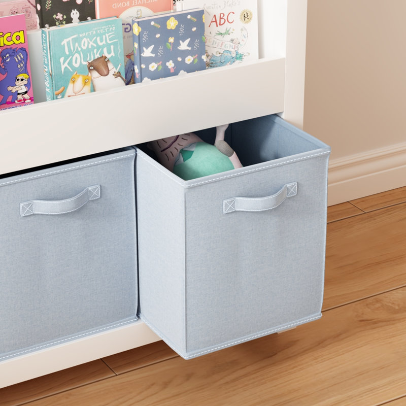 Bibliothèque en bois avec rangement à 3 niveaux et 3 bacs en tissu