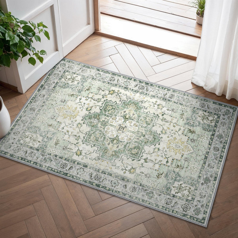 Oriental Performance Machine Washable Non Slip Neutral Green Indoor Area Rug, Runner 60 x 120 cm