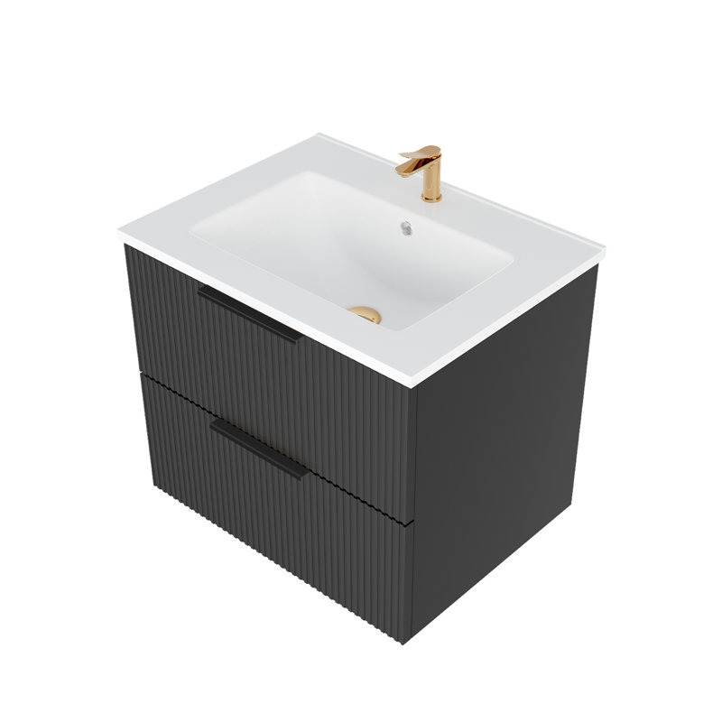 Meuble-lavabo mural cannelé et flottant avec lavabo et tiroirs en céramique, panneau multicouche durable, premier tiroir en U facile à entretenir, protège le fond