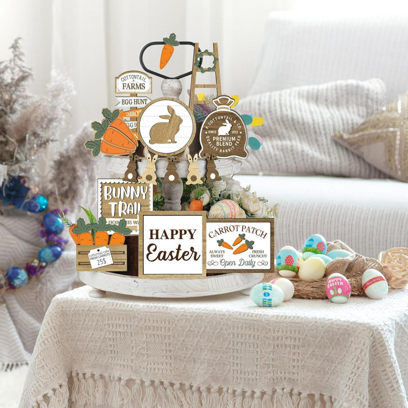 Ensemble de 15 plateaux de Pâques décoratifs en forme de plateaux décoratifs en forme de lapin rustique, signe de lapin de ferme pour table de cadeaux de Pâques