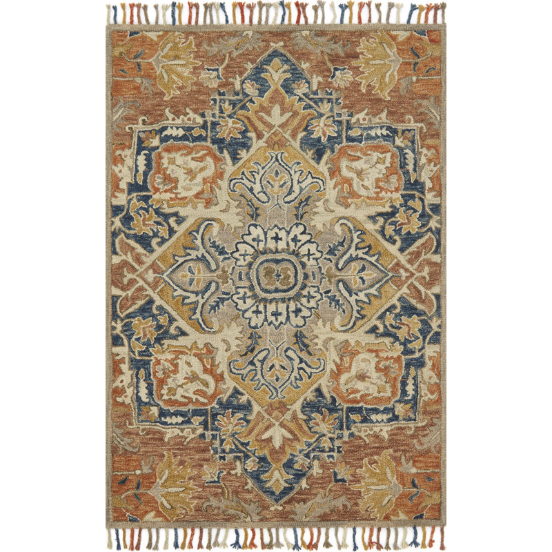 Leyna Oriental Hand Hooked Wool Rust/Blue Area Rug , Rectangle 5' x 7'6"