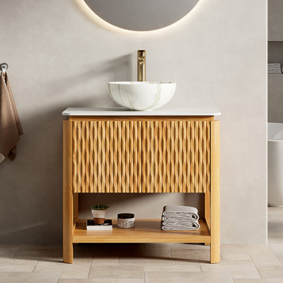 Sharma 30" Bathroom Vanity&Sink, Freestanding Plywood Storage Cabinet With 2 Bamboo Texture Doors&Open Shelf, Matte White Bowl Vessel Ceramic Basin&Carrara White Sintered Stone Top, Woodgrain Color