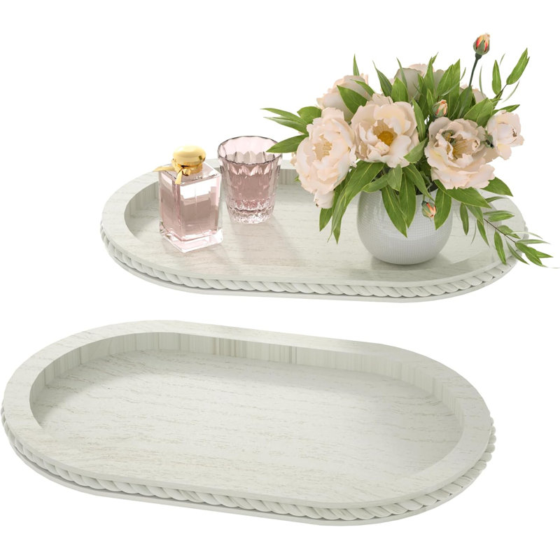 Oval Wooden Decorative Tray Set Of 2, Farmhouse Vintage Decorative Tray Stand For Coffee Table, White Serving Tray For Living Room Kitchen Home Decor - 2 Pack