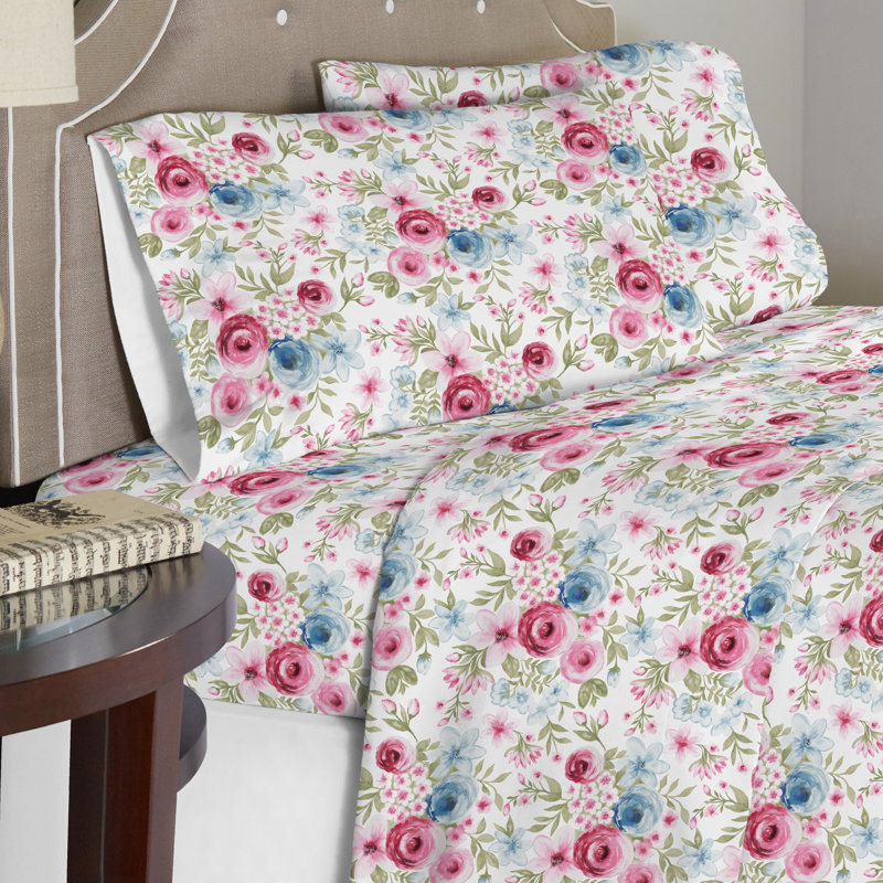 Queen Gray Cotton Flannel Floral Sheet Set