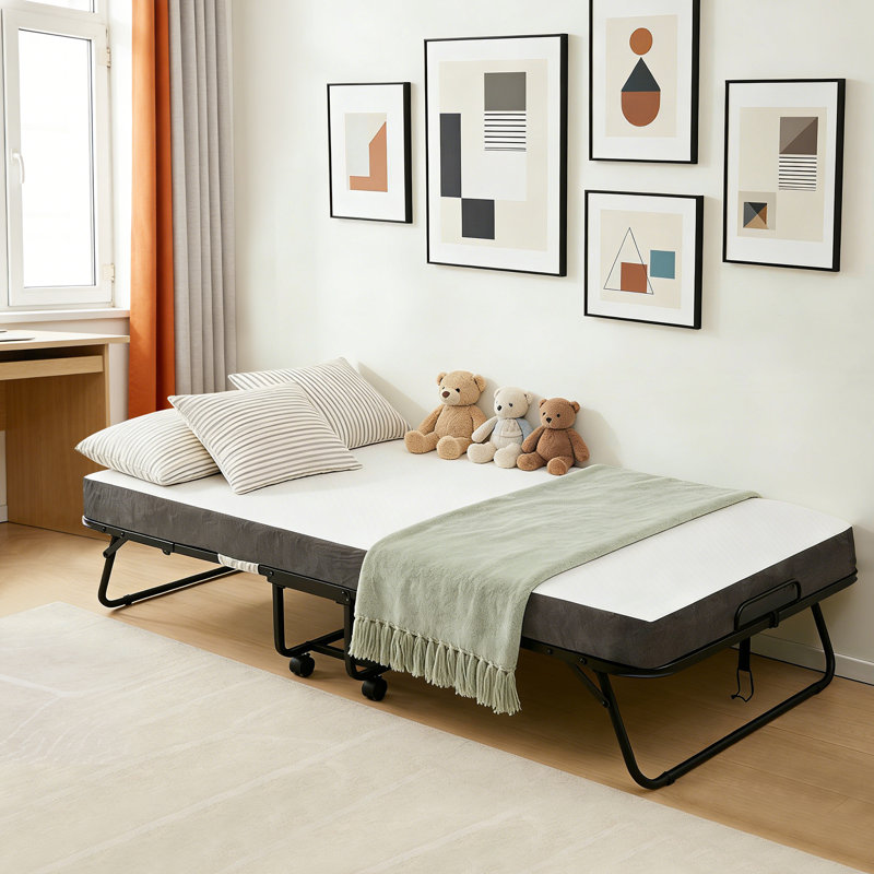 Folding Bed with Mattress, 75''L X 38''W Metal Rollaway Bed for Adults, Portable Foldable Guest Bed with Wheels and Dustproof Bag-5" Memory Foam Mattress