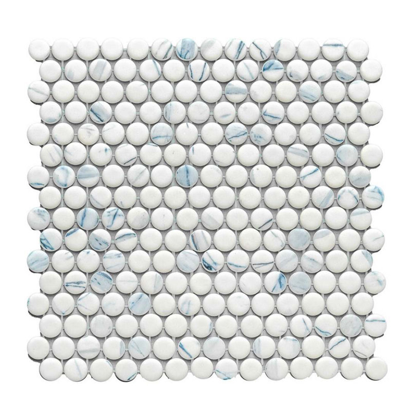 Eterna Penny 12"x12" Recycled Glass Mosaic Tile, Calacatta Blue