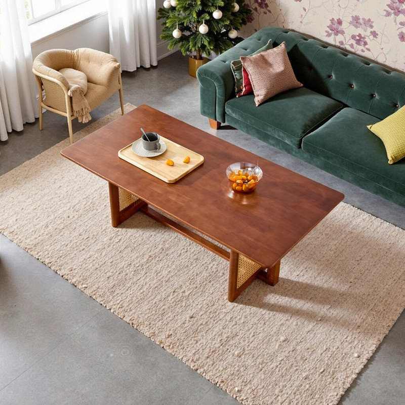 Table basse rectangulaire en bois massif avec accent de rotin profil bas 45,3 pouces