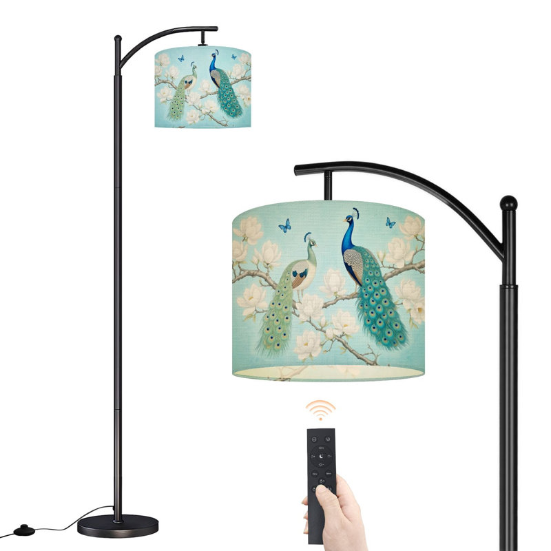 Arc Floor Lamp Peacocks Magnolia Blossoms Turquoise Elegant Vintage Asian Style Standing Light for Bedroom 3 Color Dimmable Tall Lamp with Remote Control and Bulb Included