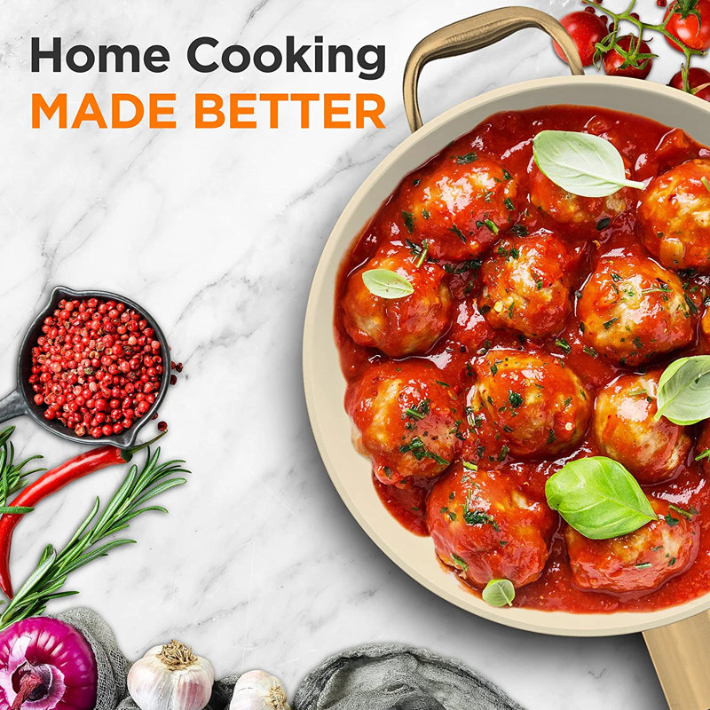 8-Inch White Ceramic Non-Stick Fry Pan with Golden Handle and Lid