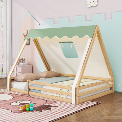 Montessori House Floor Bed with Tent, Lights and Full-Length Guardrails