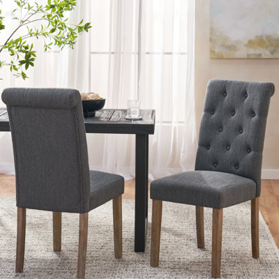 Chaise de salle à manger de 2 personnes - Design contemporain, avec dossier rabattable, pieds en bois patiné, revêtement en tissu gris anthracite, chaises de style moderne de 28,65 po, dossier capitonné, revêtement