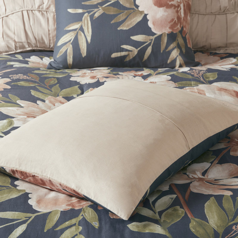 Édredon bleu marine 8 pièces, tissu en coton, taies décoratives européennes à volants, bleu marine, imprimé floral, comprend des taies décoratives et une jupe de lit