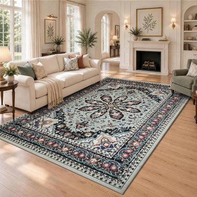 Vintage Floral Medallion Machine Washable Non-Slip Area Rug - Green & Cream