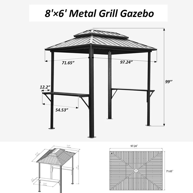 Pavillon de jardin extérieur 8 pi 6 po, structure en aluminium, double toit et tablettes pour patio gris