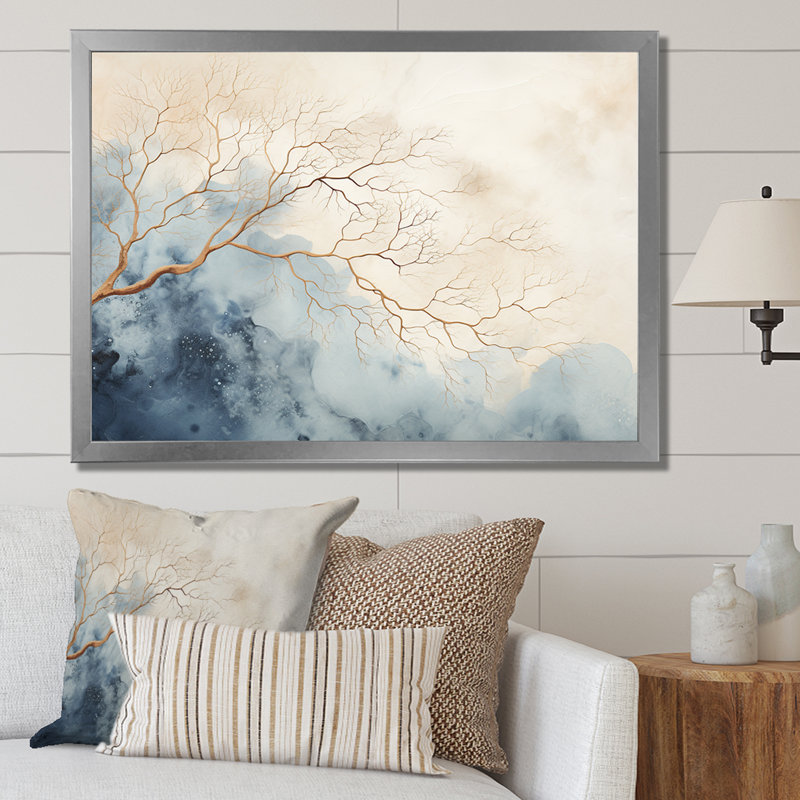 «Beige minimalisme», forêt de rivière calme - impressions abstraites sur toile, Cadre photo argenté, H 30 po x l 40 po