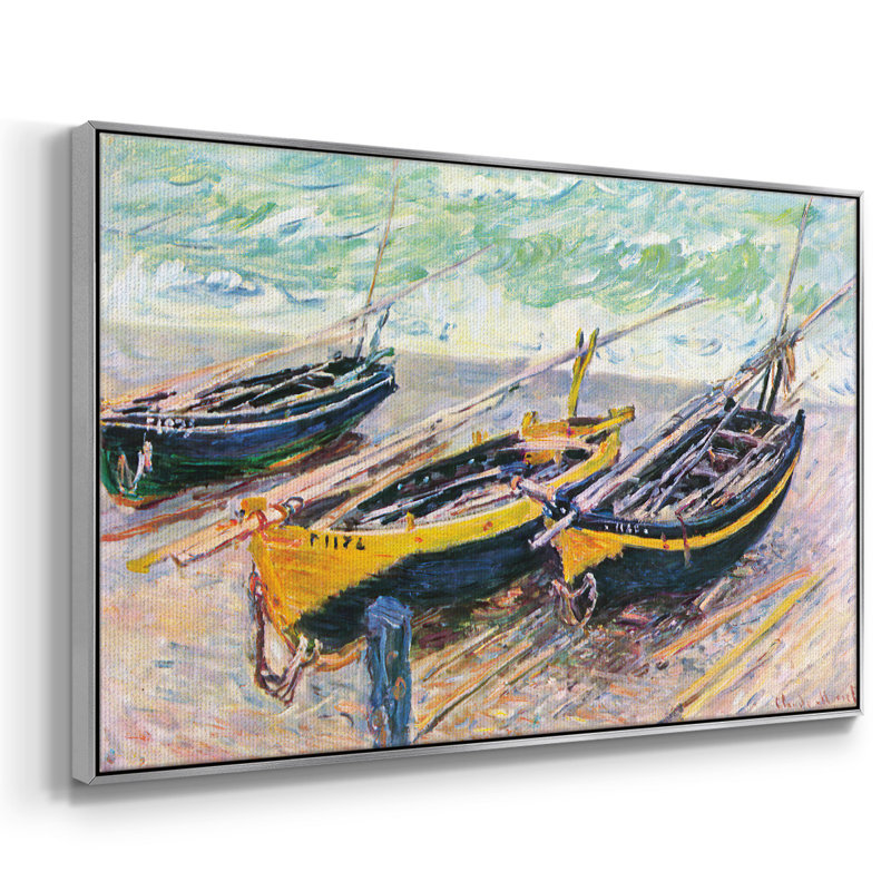 Quai d'Étretat (trois bateaux de pêche), reproduction sur toile par Claude Monet, H 17 po x l 25 po x P 2 po, Argent