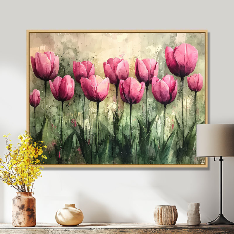 «Summer Pink Hues Tulips Field Horizon», art mural tulipes, H 34 po x l 44 po, Impression encadrée flottante, Crème, crème