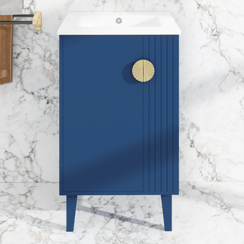 Ensemble de meuble-lavabo 20 po avec lavabo en céramique, tablettes latérales modernes ouvertes, Bleu