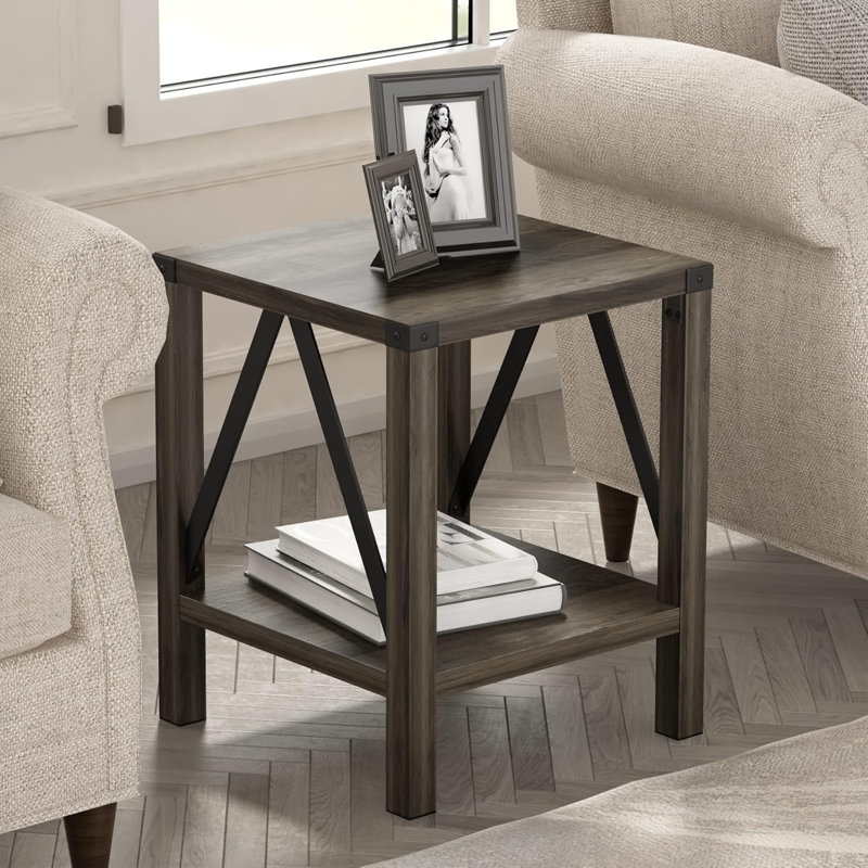 Grey Wash Wood and Metal Farmhouse Side Table Set of 2