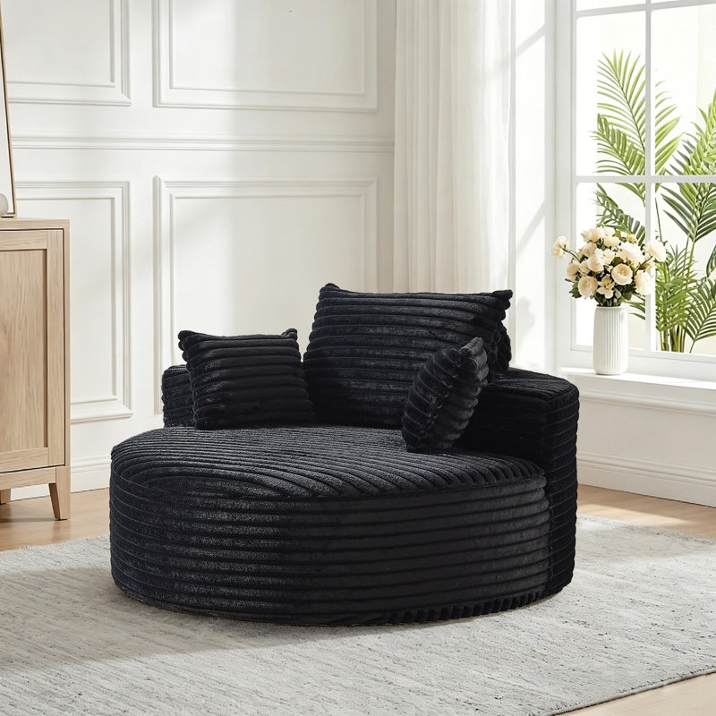 Méridienne ronde 55 po en velours côtelé pelucheux avec coussin décoratif, Noir