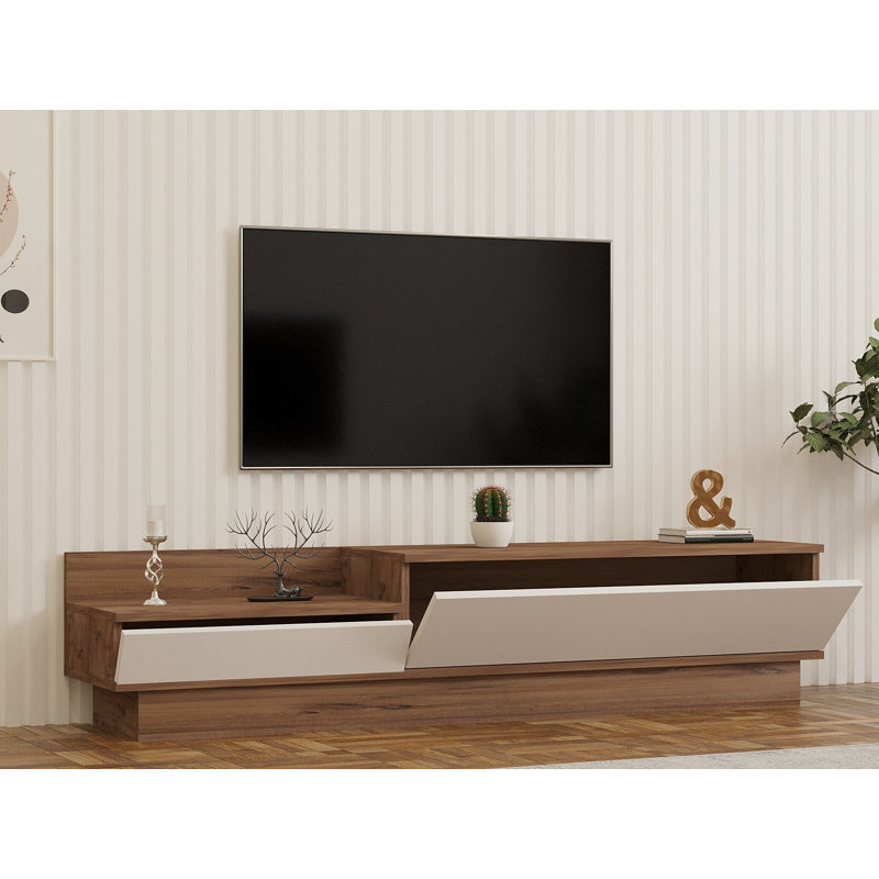 Modern TV Stand with Multiple Shelves, Atlantic Pine & White, 63.0 x 13.8 x 13.8 inches | 100% Melamine Coated Particle Board, Thickness: 0.7 inches | Stylish Design for Additional Storage in Living Room or Entertainment Area
