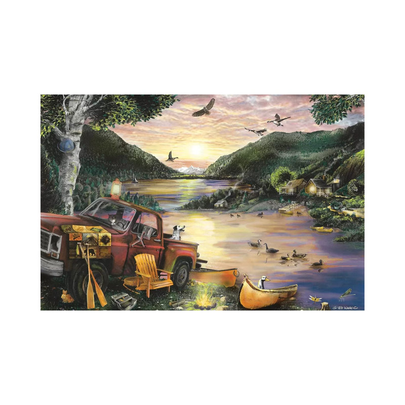 «Lakefront Camping I» par Ed Wargo - peinture sur toile tendue, H 18 po x l 26 po x P 1,5 po